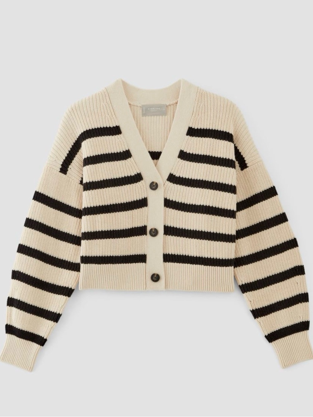 Everlane Striped Beige and Black V-Neck Button Cotton Cardigan Sweater